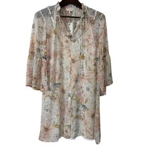 Lucky Brand Floral Chiffon Shift Dress XL Cream Pink Bell Sleeve 7W91094 NWT